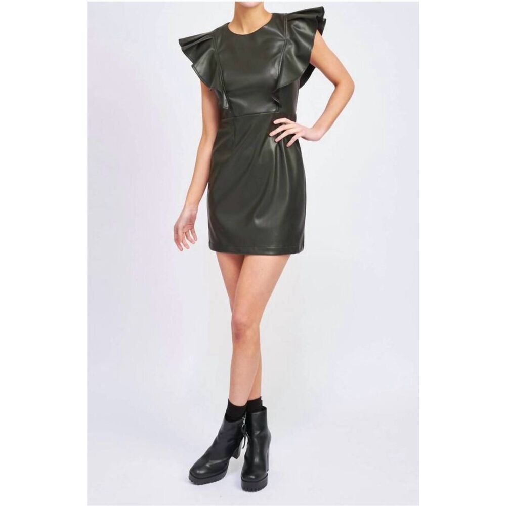 En Saison Layne Faux Leather Minidress Sz S Olive black